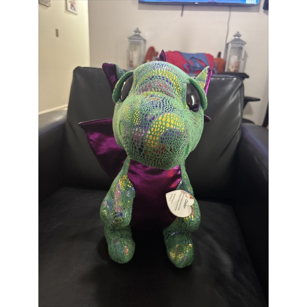 Ty Beanie Boos Cinder Green Dragon Large 16" size New With Tags Sparkle Eyes